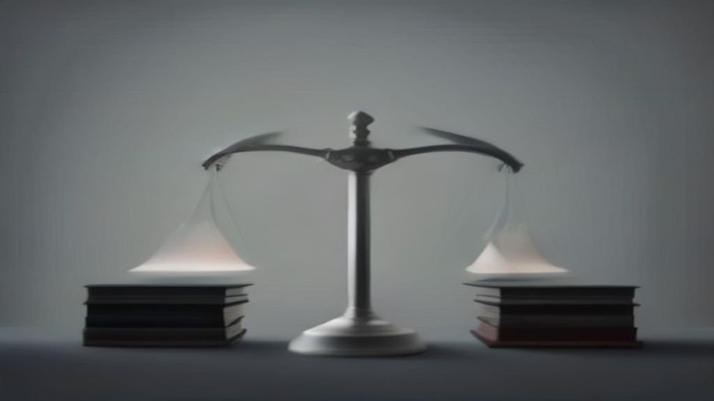 A clean conceptual graphic featuring balanced scales of justice next to medical chart folders on a neutral dark background.
