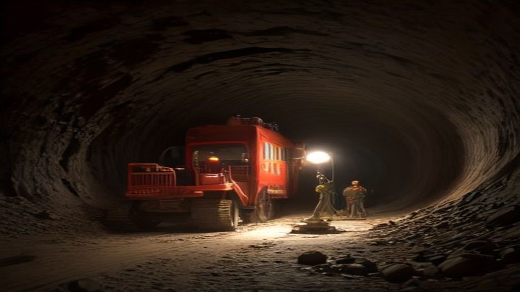 A clean, detailed illustration depicting specialized underground tunnel drilling equipment and safety rescue tubes inside a mountain terrain.