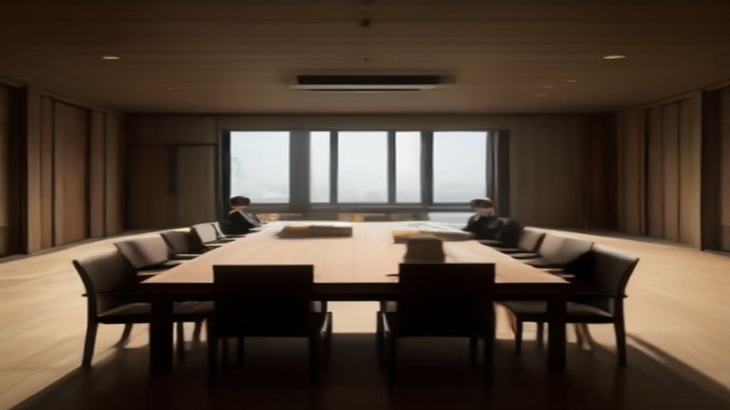 A clean illustration of twelve silhouette figures sitting around a wooden deliberation table inside a modern court building.