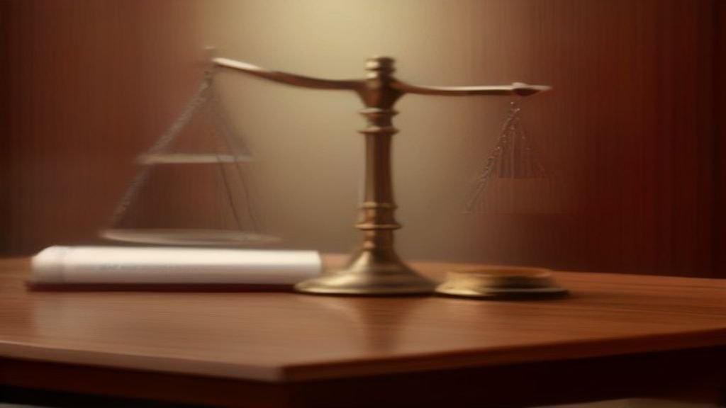 A clean, modern illustration of the scales of justice resting on a wooden legal desk with a legal gavel and documents.