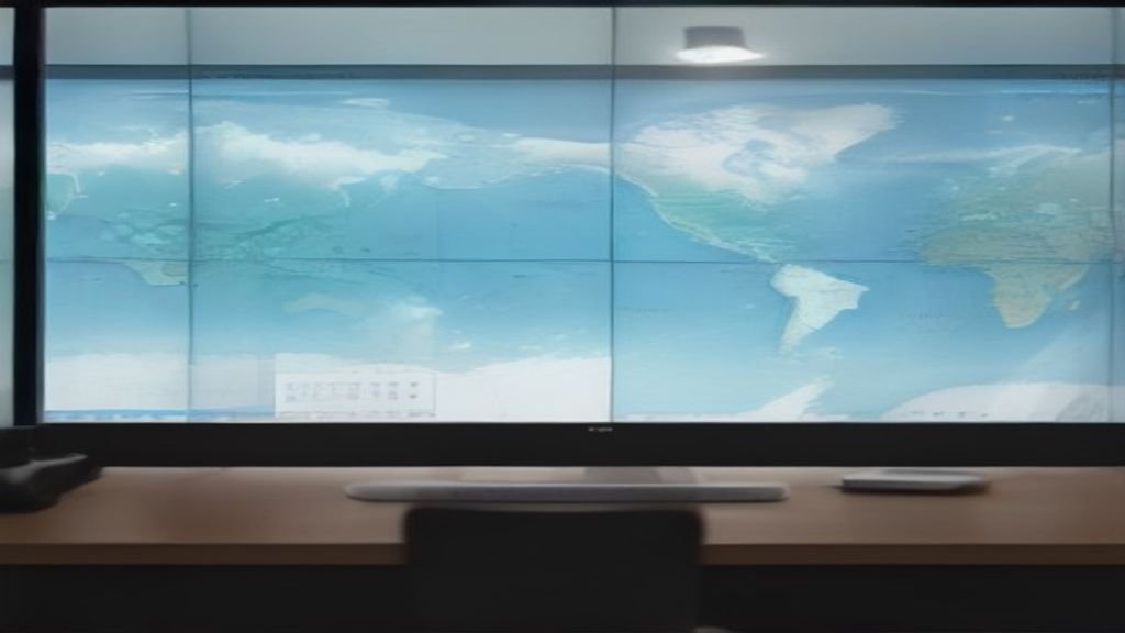 A clean, modern military and diplomatic briefing room displaying a high-tech digital global map with highlighted maritime shipping routes.