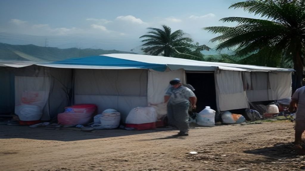 A clean photo-realistic image of humanitarian emergency aid workers delivering water bottles and medical supplies to disaster survivors in a temporary relief camp.
