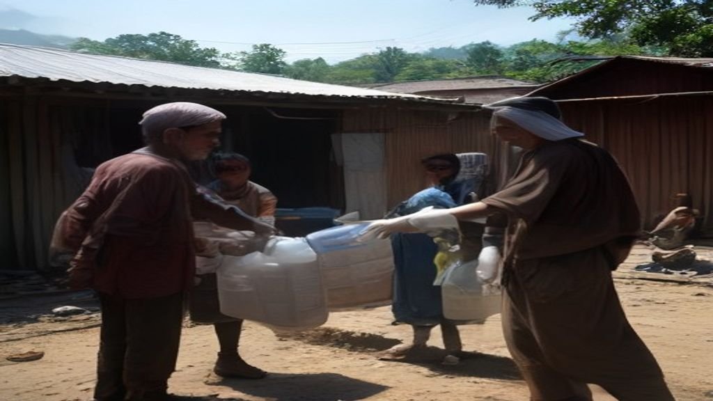 A clean photo-realistic image of relief workers distributing clean drinking water and emergency supplies to families in a temporary shelter.