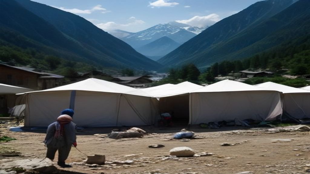 A clean photograph of humanitarian volunteers setting up temporary shelter tents and distributing clean water kits in a mountain village.