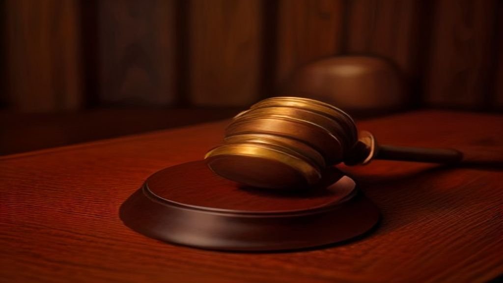 A close-up photograph of legal documents and a wooden judge's gavel on a dark mahogany desk in a quiet courtroom setting.