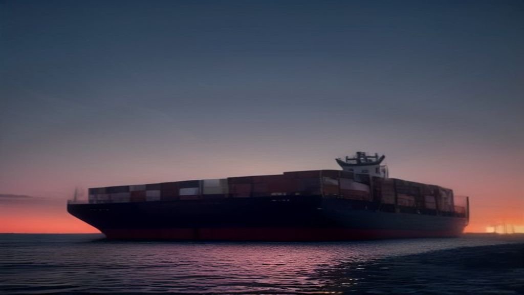 A commercial container cargo ship navigating a calm Gulf waterway under a dramatic dusk sky, photorealistic lighting.