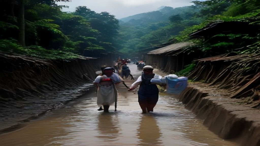 A compassionate, realistic illustration of humanitarian aid workers distributing clean water and relief supplies to affected villagers near a mud-soaked path in Nepal.