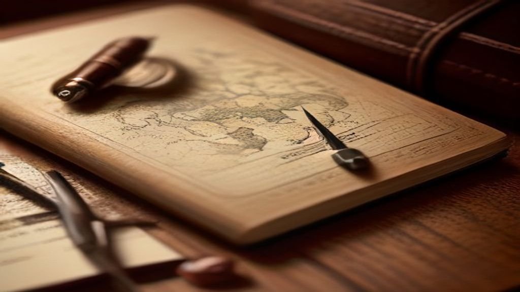 A detailed close-up shot of an official diplomatic dossier folder laying beside a classic fountain pen and a world map on a polished dark wood desk.