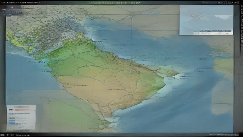 A detailed geopolitical map of the Middle East region displayed on a digital glowing holographic screen in a modern newsroom, highly detailed photorealistic.