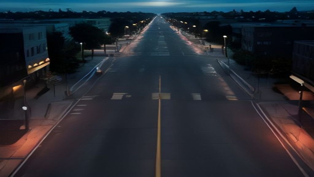 A high-angle photo of a quiet American urban street at dusk with emergency vehicle lights softly reflecting on the asphalt, photorealistic.