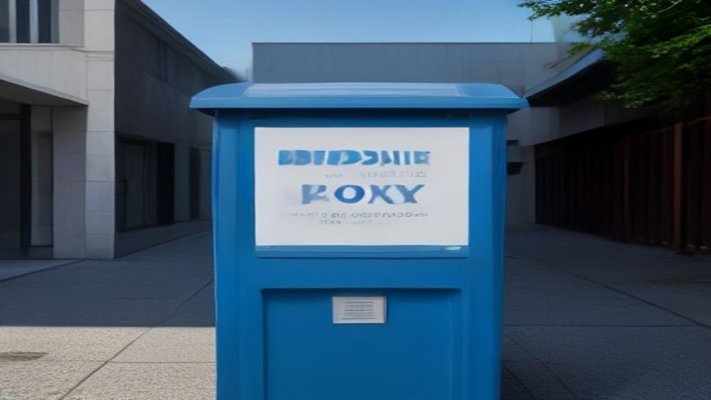 A high-quality realistic photo of an official blue voting drop box standing in front of a modern civic community building under clear daytime lighting.
