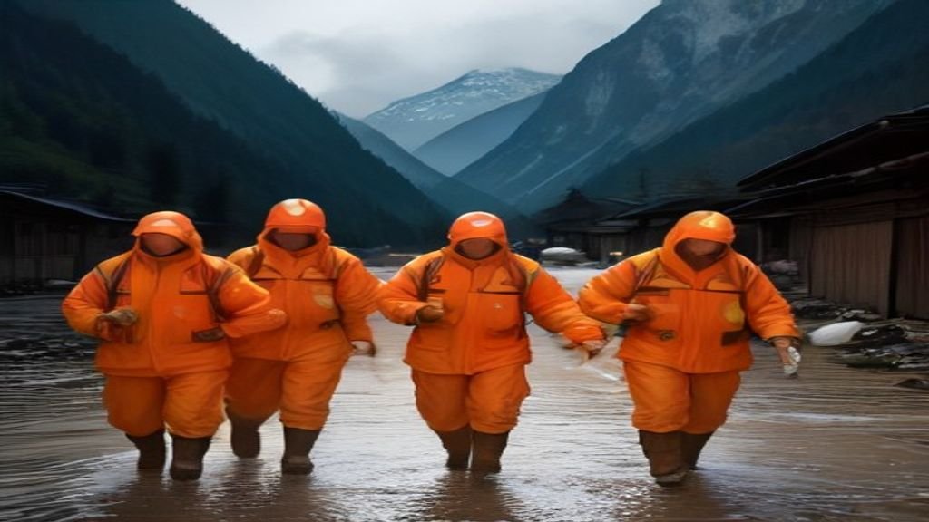 A high-resolution clean photorealistic shot of emergency relief teams in bright orange jackets distributing emergency supplies near a flood shelter in a mountain village.