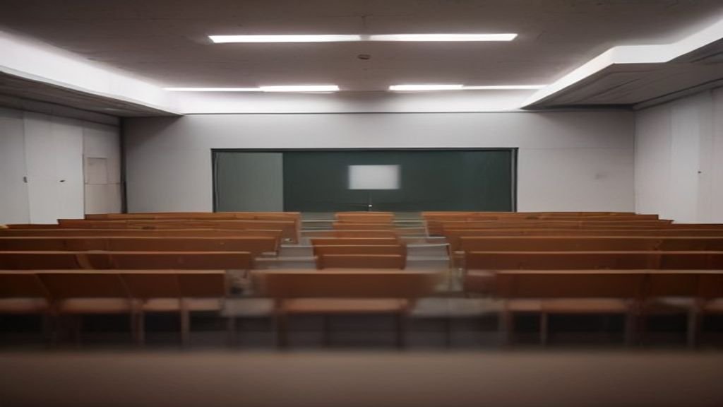 A high-resolution wide shot of a modern European government press conference room with empty podiums and warm ambient lighting.