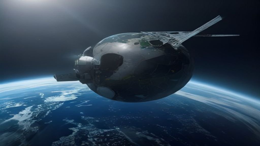A high-tech 3D realistic rendering of an advanced Earth observation satellite orbiting high above planet Earth, solar panels deployed, glowing futuristic atmosphere.