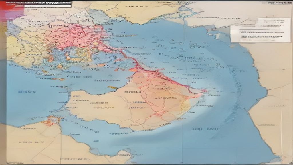 A high-tech geopolitical map of the Middle East highlighted with maritime trade routes and glowing red security points, clean digital illustration style.