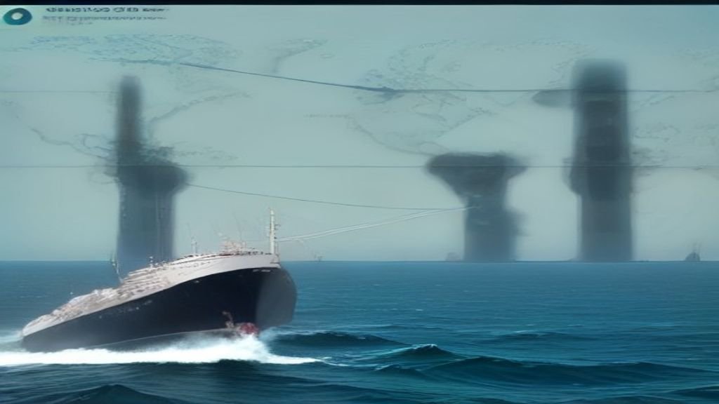 A modern, clean illustration showing global trade oil tankers at sea alongside financial stock market charts representing economic stability.