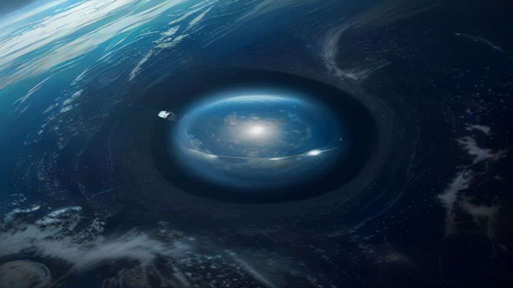 A modern earth observation satellite floating serenely in deep space above the realistic blue Earth with expanded solar panels, photorealistic space photography.
