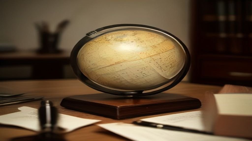 A realistic photo of a polished globe resting on a modern wooden desk surrounded by fountain pens, notebooks, and diplomatic documents.