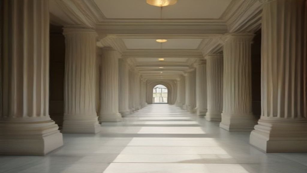 A wide, professional architectural photograph of an empty, well-lit courthouse hallway featuring classic marble pillars and bright natural lighting.