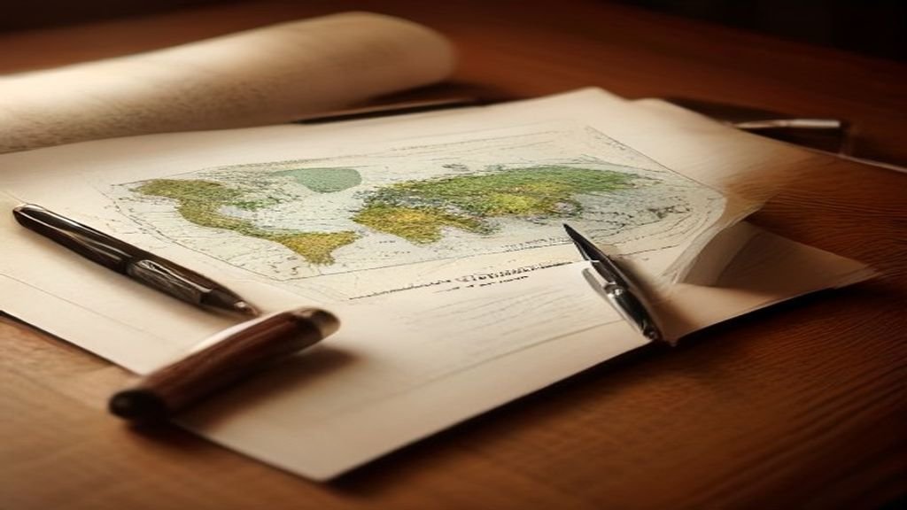 An editorial photo-realistic shot of a world map resting on a polished oak desk beside an elegant fountain pen and official document folders.